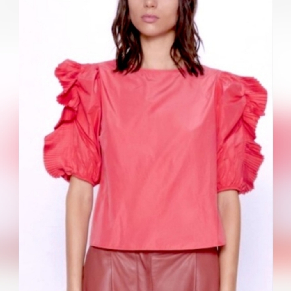 Zara NWOT coral ruffle taffeta blouse Small